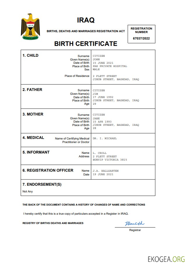 Modèle Word et PDF d'acte de naissance en Irak